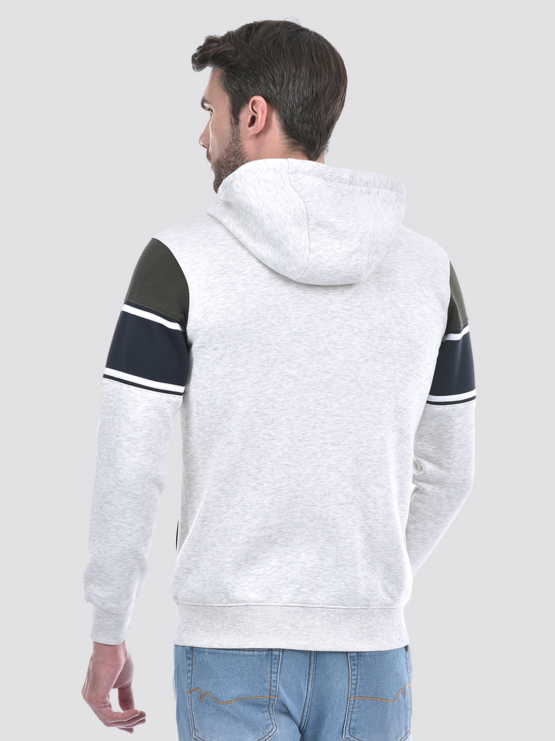 Numero Uno Men Grey Color Block Hooded Neck Brushed Fleece Sweatshirt